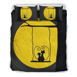 Lovely Cats Looking At The Yellow Moon Duvet Cover and Pillowcase Set Bedding Set