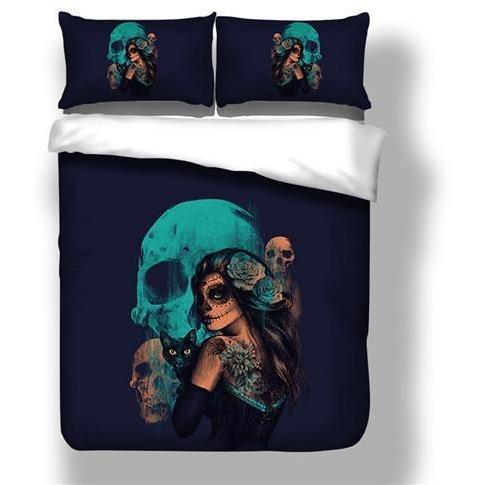 Makeup Teal Sugar Skull Duvet Cover and Pillowcase Set Bedding Set 390