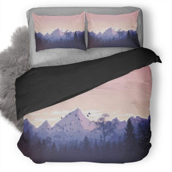 Minimalism Birds Mountains Trees Forest 9K Duvet Cover and Pillowcase Set Bedding Set