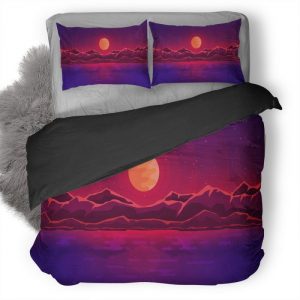 Moon Rays Red Space Sky Abstract Mountains 4C Duvet Cover and Pillowcase Set Bedding Set