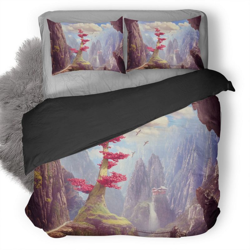 Mountain Tree Temple Fantasy Art 8U Duvet Cover and Pillowcase Set Bedding Set