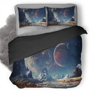 Mountains Stars Space Planets Digital Art Artwork 0I Duvet Cover and Pillowcase Set Bedding Set