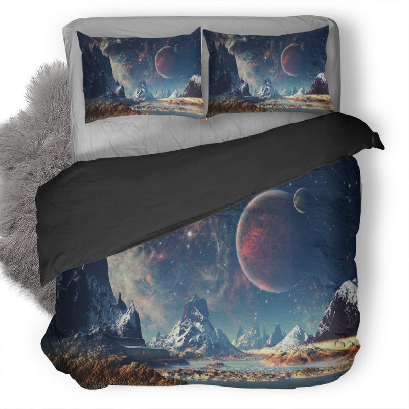 Mountains Stars Space Planets Digital Art Artwork 0I Duvet Cover and Pillowcase Set Bedding Set