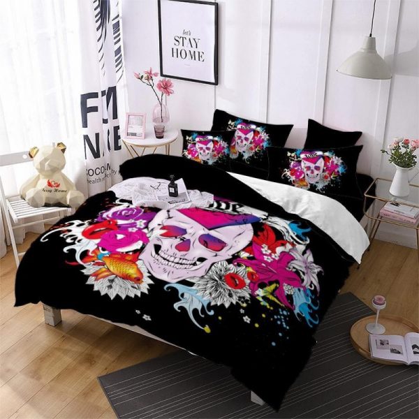 Mouth Colorful Flowers Print Duvet Cover and Pillowcase Set Bedding Set