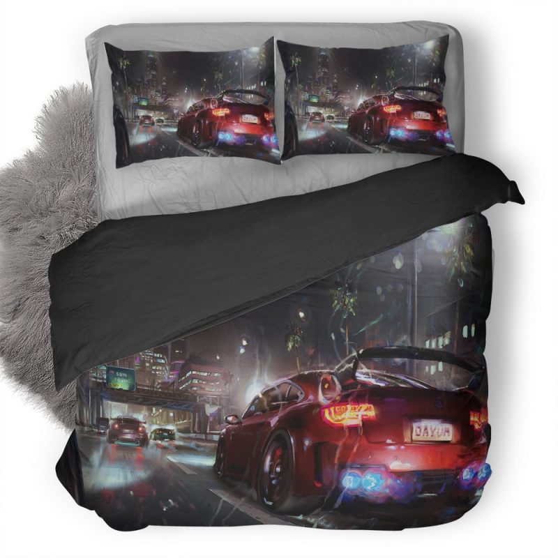 Mustang Car Rear View City Raining Artwork Ho Duvet Cover and Pillowcase Set Bedding Set