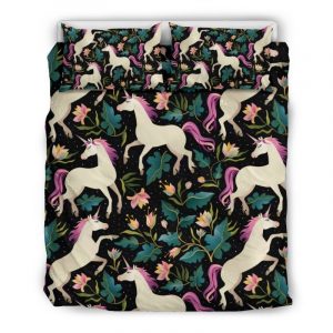 Night Floral Unicorn Pattern Print Duvet Cover and Pillowcase Set Bedding Set