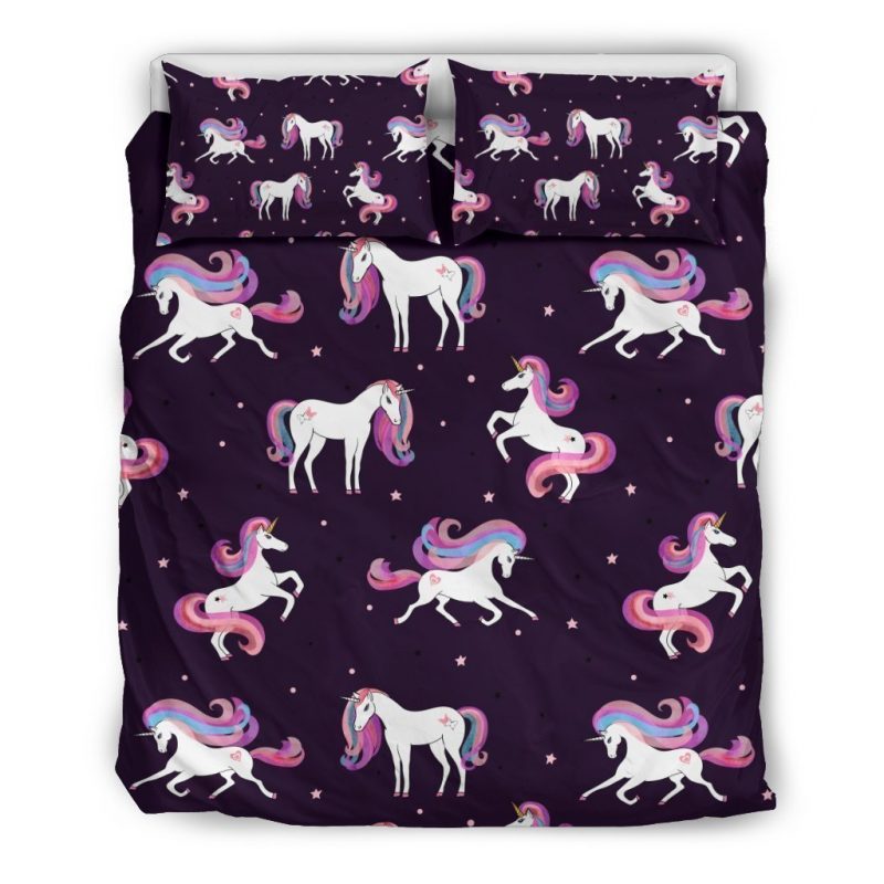 Night Girly Unicorn Pattern Print Duvet Cover and Pillowcase Set Bedding Set