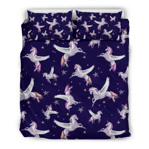 Night Winged Unicorn Pattern Print Duvet Cover and Pillowcase Set Bedding Set