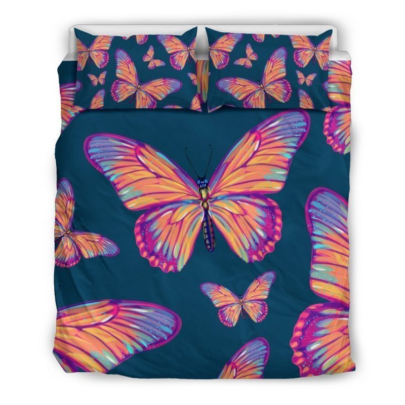 Orange And Purple Butterfly Print Duvet Cover and Pillowcase Set Bedding Set