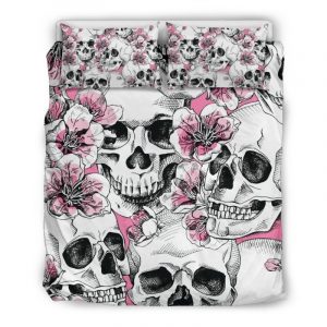 Pink Flowers Skull Pattern Print Duvet Cover and Pillowcase Set Bedding Set