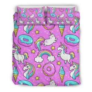 Pink Girly Unicorn Donut Pattern Print Duvet Cover and Pillowcase Set Bedding Set