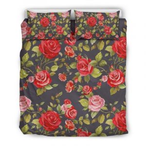 Pink Red Rose Floral Pattern Print Duvet Cover and Pillowcase Set Bedding Set