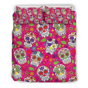 Pink Sugar Skull Pattern Print Duvet Cover and Pillowcase Set Bedding Set