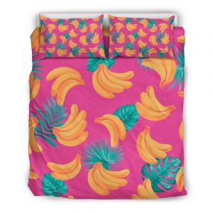 Pink Tropical Banana Pattern Print Duvet Cover and Pillowcase Set Bedding Set