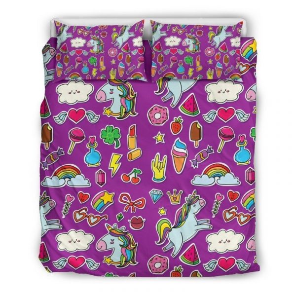 Purple Girly Unicorn Pattern Print Duvet Cover and Pillowcase Set Bedding Set