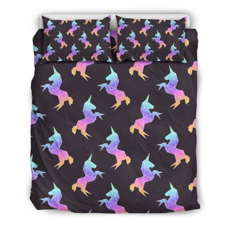 Rainbow Origami Unicorn Pattern Print Duvet Cover and Pillowcase Set Bedding Set