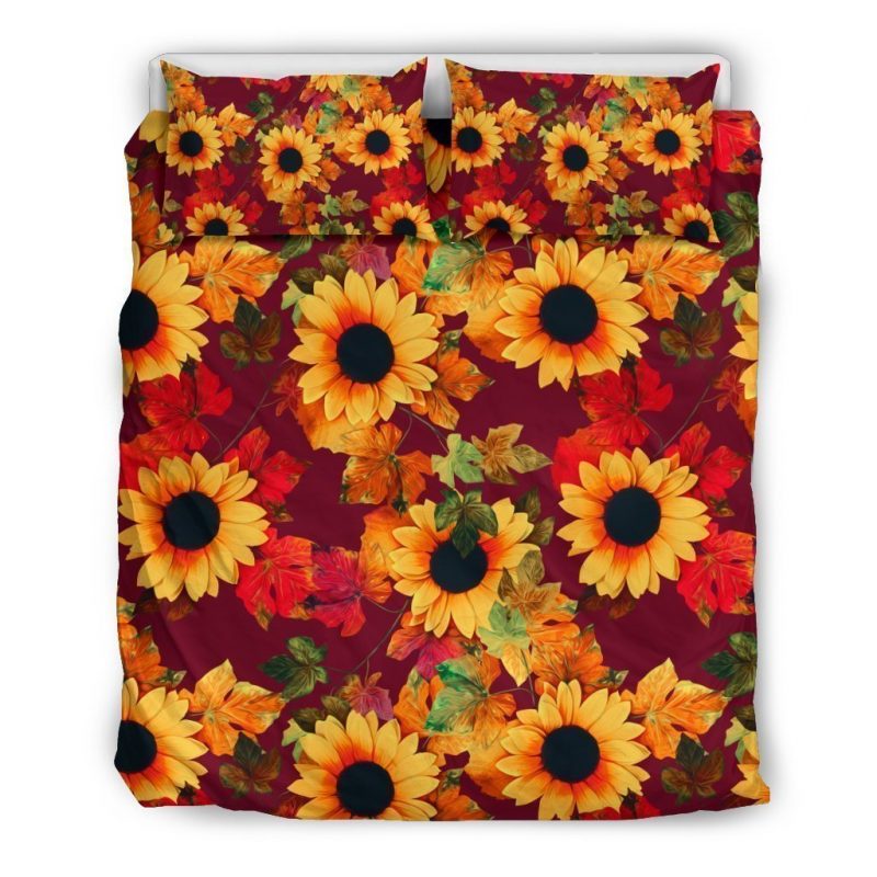 Red Autumn Sunflower Pattern Print Duvet Cover and Pillowcase Set Bedding Set