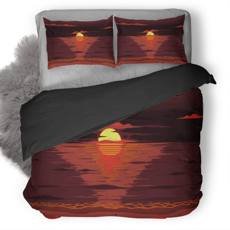 Red Dark Pixel Art Sun Uu Duvet Cover and Pillowcase Set Bedding Set