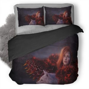 Red Head Girl With Wolf 7F Duvet Cover and Pillowcase Set Bedding Set