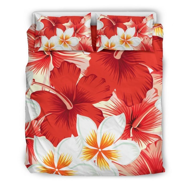 Red Hibiscus Plumeria Pattern Print Duvet Cover and Pillowcase Set Bedding Set