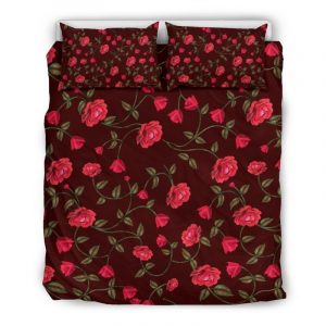 Red Rose Floral Flower Pattern Print Duvet Cover and Pillowcase Set Bedding Set