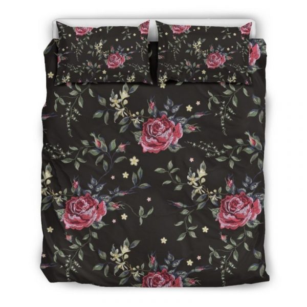 Red Rose Floral Pattern Print Duvet Cover and Pillowcase Set Bedding Set