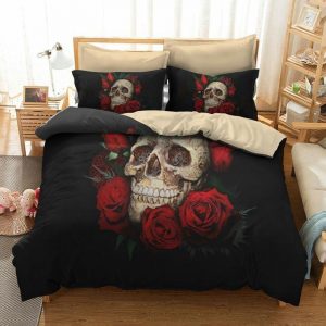 Red Rose Skull Duvet Cover and Pillowcase Set Bedding Set 391