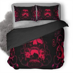 Red Skull Flowers Black Background O4 Duvet Cover and Pillowcase Set Bedding Set