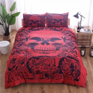 Red Skull Printed Duvet Cover and Pillowcase Set Bedding Set