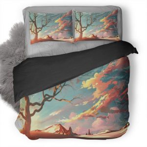 Red Sky Mountains Trees Digital Art Painting Av Duvet Cover and Pillowcase Set Bedding Set