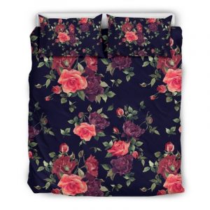 Red Violet Roses Floral Pattern Print Duvet Cover and Pillowcase Set Bedding Set