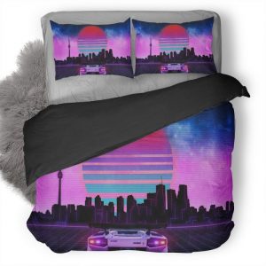 Retro Wave Lamborghini Neon City Ny Duvet Cover and Pillowcase Set Bedding Set