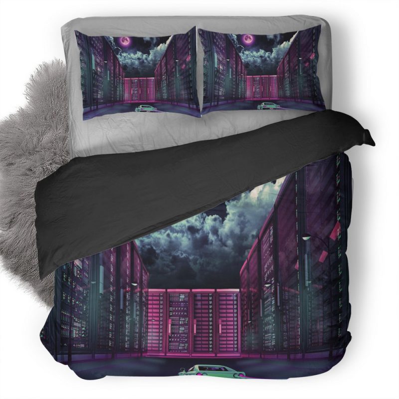 Retrowave Car Going Through City Moon Gm Duvet Cover and Pillowcase Set Bedding Set