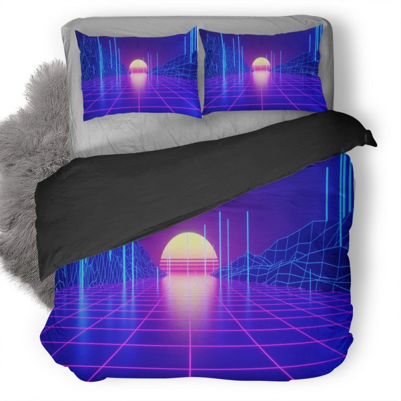 Retrowave Tron Grid 9K Duvet Cover and Pillowcase Set Bedding Set