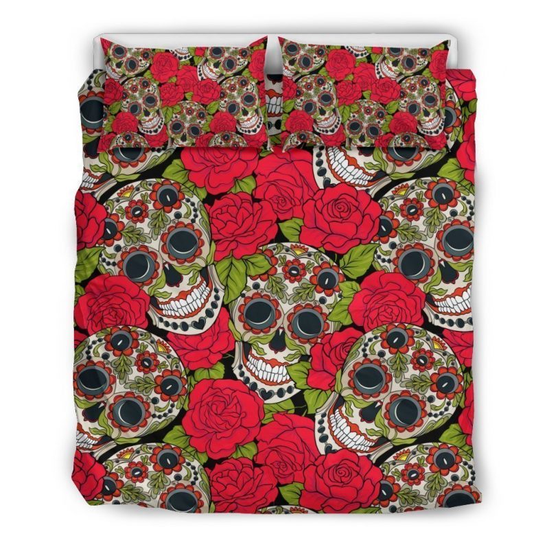 Rose Floral Sugar Skull Pattern Print Duvet Cover and Pillowcase Set Bedding Set