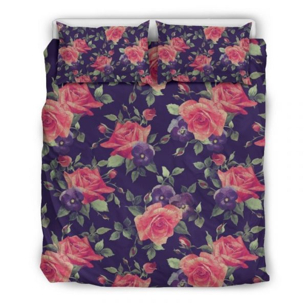 Rose Pansy Floral Flower Pattern Print Duvet Cover and Pillowcase Set Bedding Set