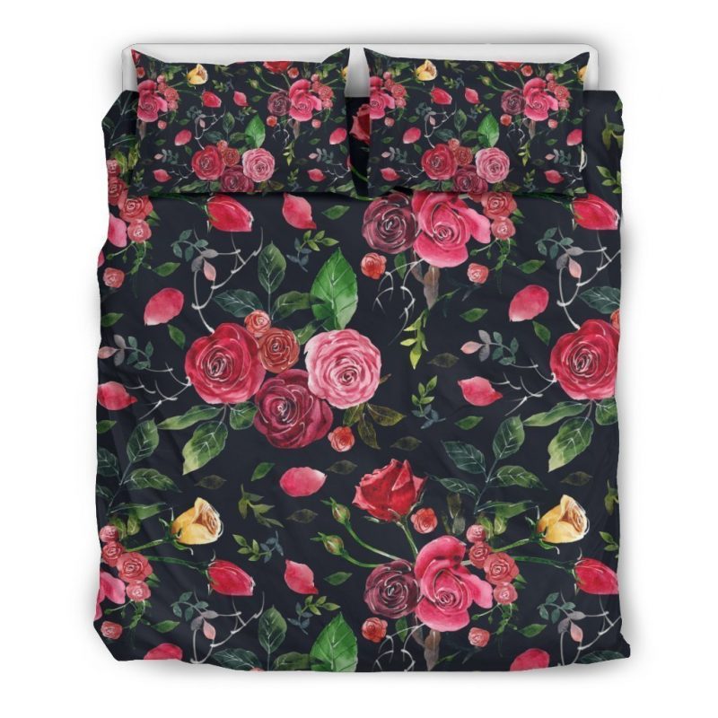 Roses Floral Flower Pattern Print Duvet Cover and Pillowcase Set Bedding Set