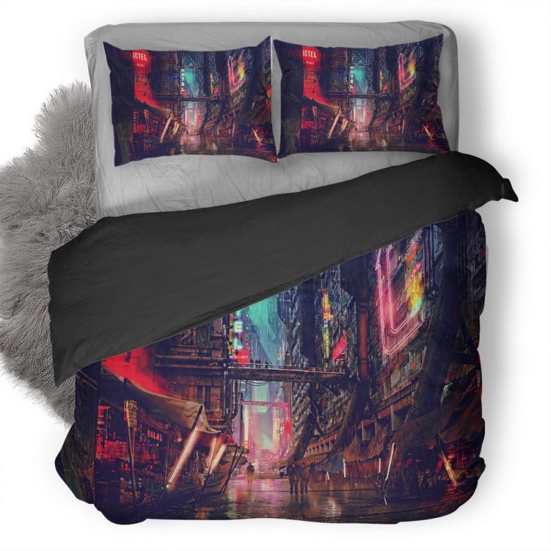 Science Fiction Cyberpunk Futuristic City Digital Art Jf Duvet Cover and Pillowcase Set Bedding Set