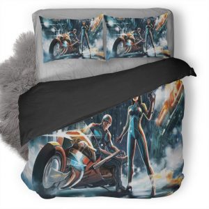 Scifi Futuristic Warrior Girl And Boy With Bike Na Duvet Cover and Pillowcase Set Bedding Set