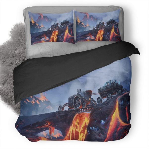 Scifi Steampunk Mountain Vehicle Mining Lava Ic Duvet Cover and Pillowcase Set Bedding Set