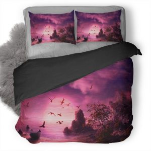 Seagull Birds Boat Landscape Purple Sun Ln Duvet Cover and Pillowcase Set Bedding Set