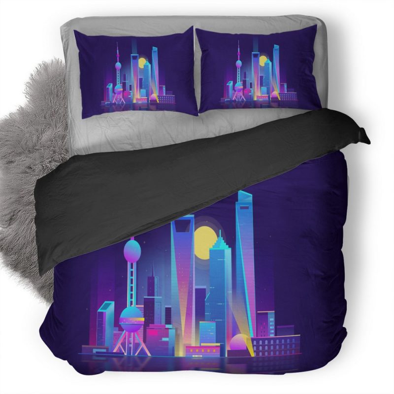 Shanghai City Hd Illustration Tu Duvet Cover and Pillowcase Set Bedding Set