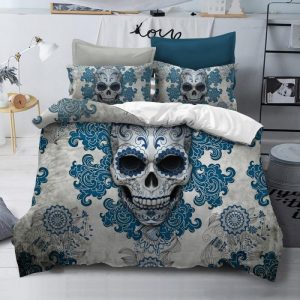 Skull Blue Flowers Duvet Cover and Pillowcase Set Bedding Set