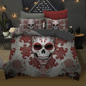 Skull Red Flowers Duvet Cover and Pillowcase Set Bedding Set