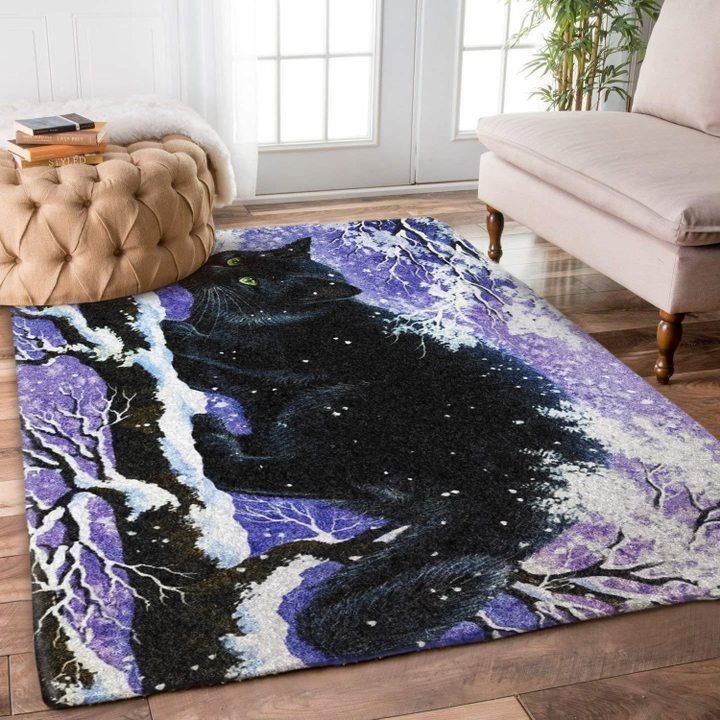 Snow Tree Bough And Black Cat Living Room Rug Carpet