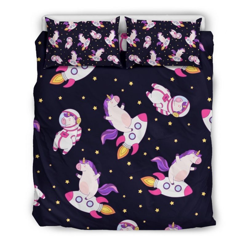 Space Astronaut Unicorn Pattern Print Duvet Cover and Pillowcase Set Bedding Set