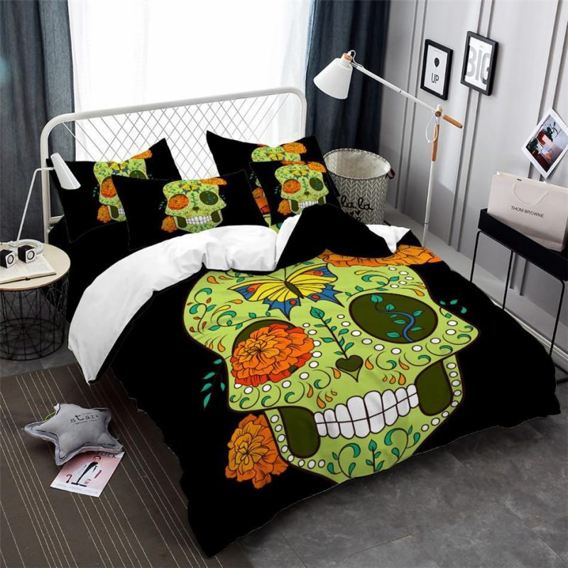 Sugar Skull Green Flowers Duvet Cover and Pillowcase Set Bedding Set