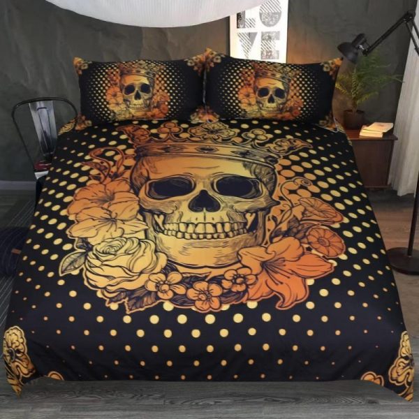 Sugar Skull Queen Floral Golden Duvet Cover and Pillowcase Set Bedding Set