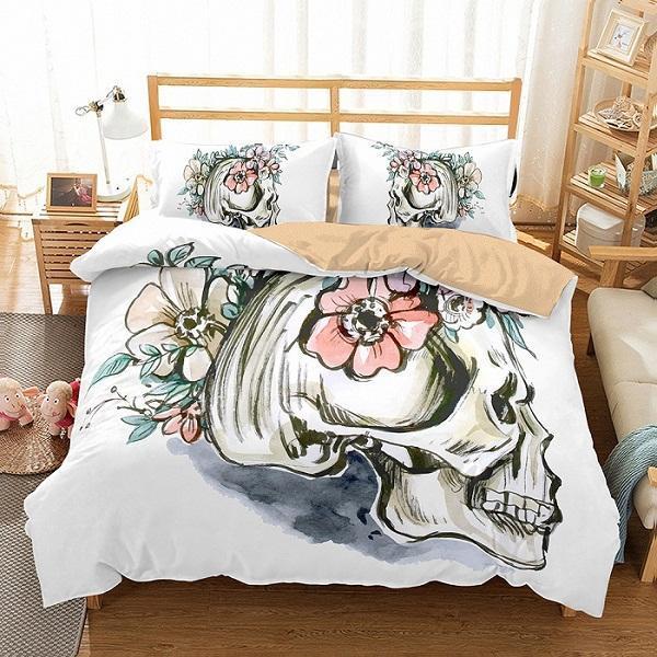 Sugar Skull Queen Monster Floral Duvet Cover and Pillowcase Set Bedding Set