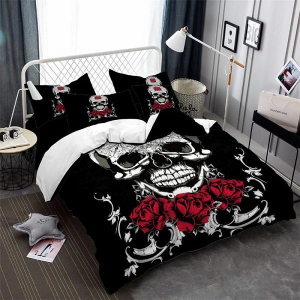 Sugar Skull With Rose Print Duvet Cover and Pillowcase Set Bedding Set 354